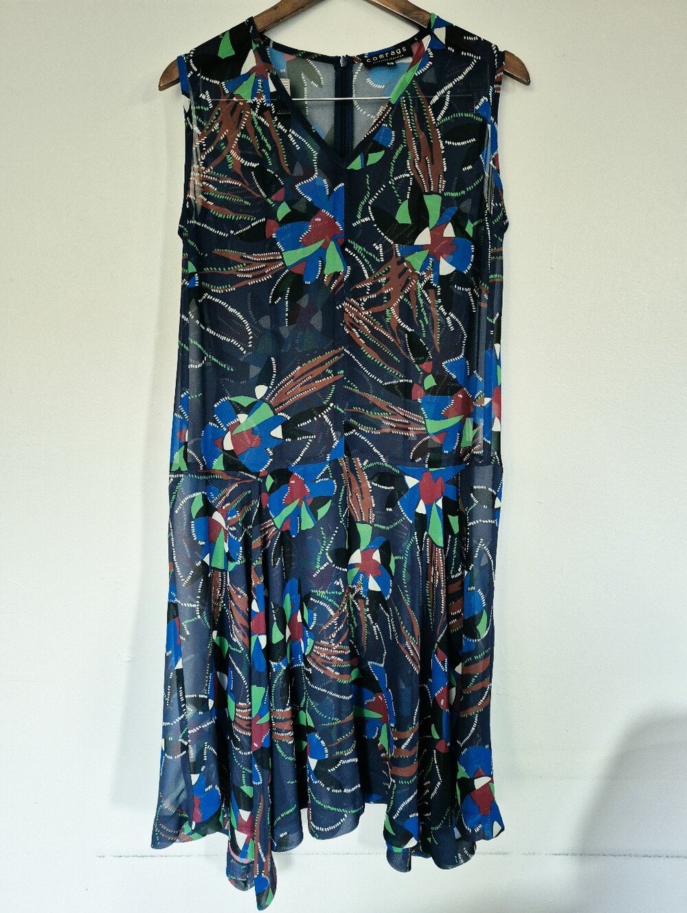 Comrags Sheer Sleeveless Asymetrical Dress Navy Background Geometric Pattern Med
